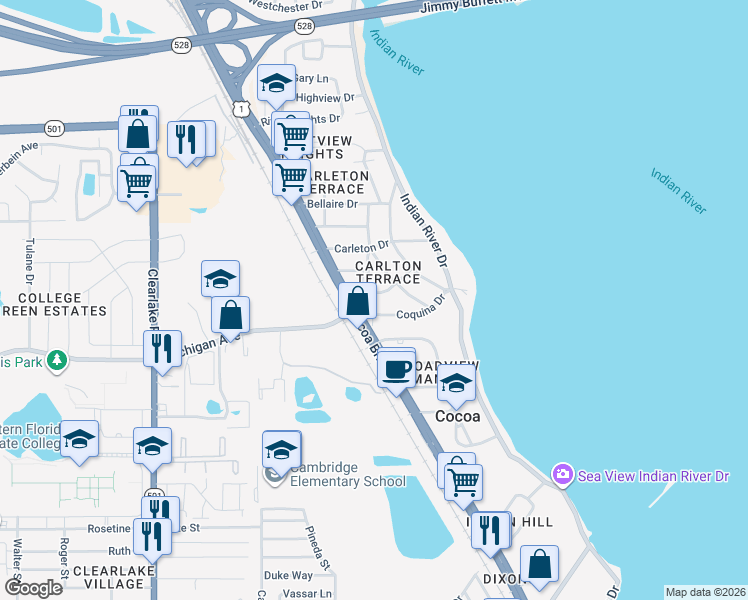 map of restaurants, bars, coffee shops, grocery stores, and more near 305 Lucerne Drive in Cocoa