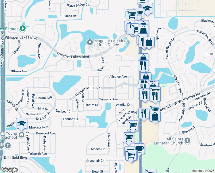 map of restaurants, bars, coffee shops, grocery stores, and more near 12044 Rotuma Street in Orlando