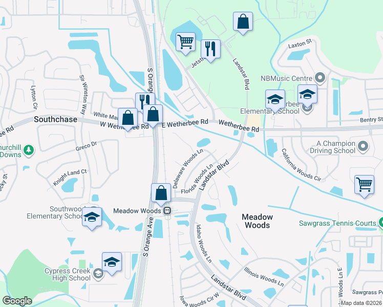 map of restaurants, bars, coffee shops, grocery stores, and more near 12107 Sand Pebble Way in Orlando