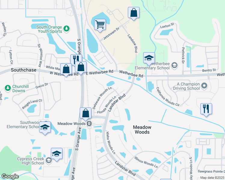 map of restaurants, bars, coffee shops, grocery stores, and more near 12101 Delaware Woods Lane in Orlando