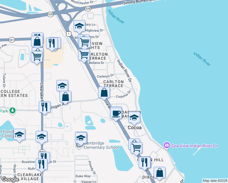 map of restaurants, bars, coffee shops, grocery stores, and more near 305 Lucerne Drive in Cocoa