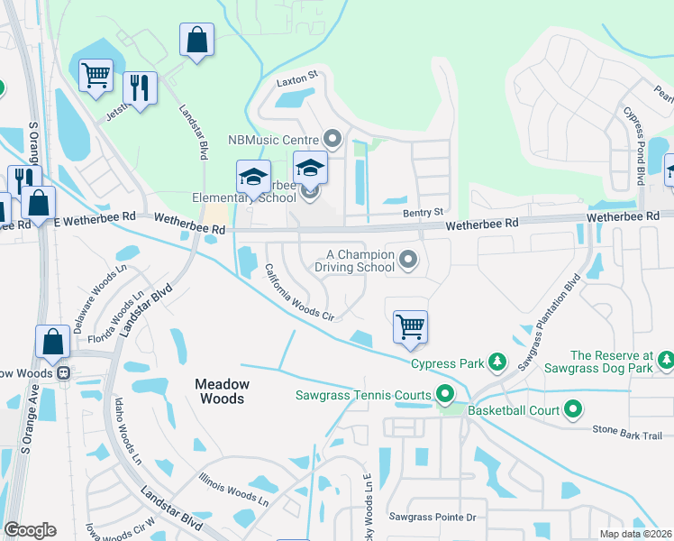 map of restaurants, bars, coffee shops, grocery stores, and more near 915 Arizona Woods Lane in Orlando
