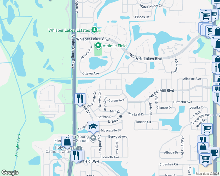 map of restaurants, bars, coffee shops, grocery stores, and more near 2701 Camomile Drive in Orlando