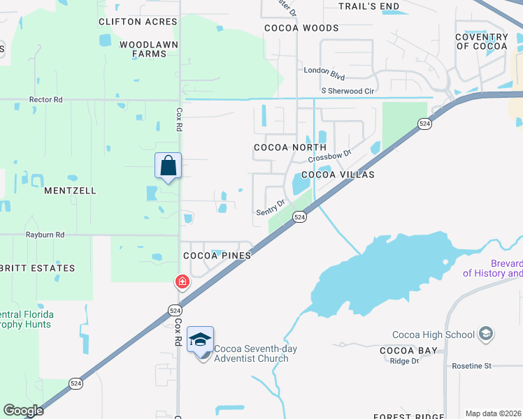 map of restaurants, bars, coffee shops, grocery stores, and more near 2207 Spring Circle in Cocoa