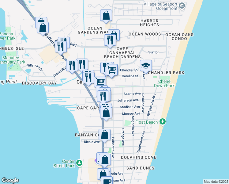 map of restaurants, bars, coffee shops, grocery stores, and more near 204 Adams Avenue in Cape Canaveral