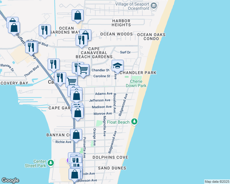 map of restaurants, bars, coffee shops, grocery stores, and more near 504 Adams Avenue in Cape Canaveral