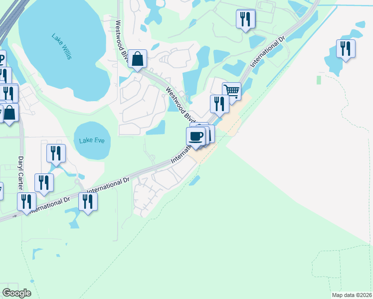 map of restaurants, bars, coffee shops, grocery stores, and more near 11953 International Drive in Orlando