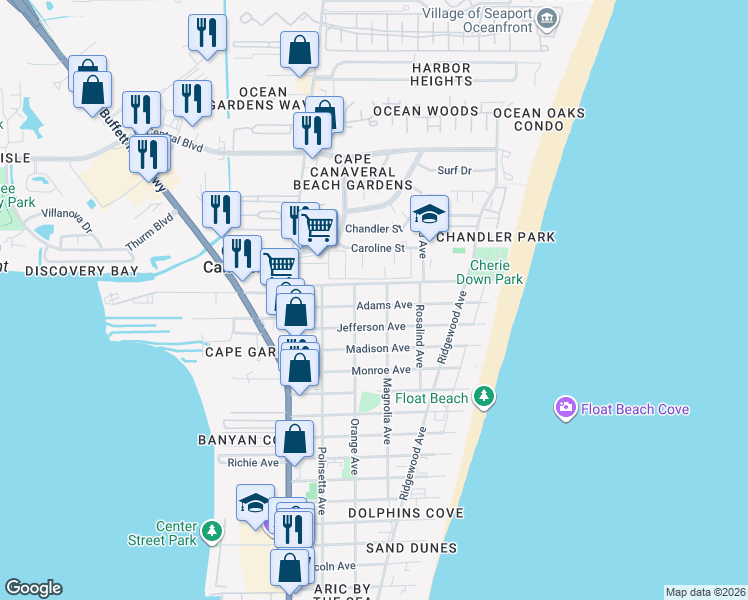 map of restaurants, bars, coffee shops, grocery stores, and more near 314 Adams Avenue in Cape Canaveral