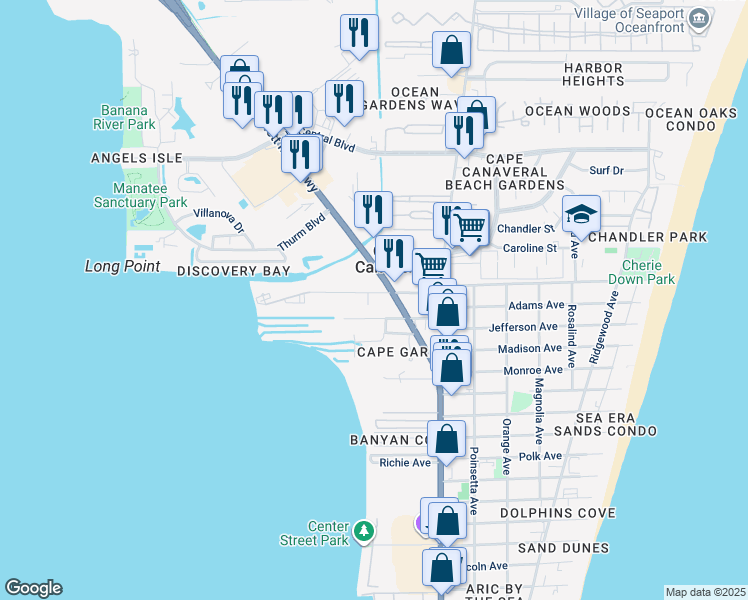 map of restaurants, bars, coffee shops, grocery stores, and more near 121 Columbia Drive in Cape Canaveral