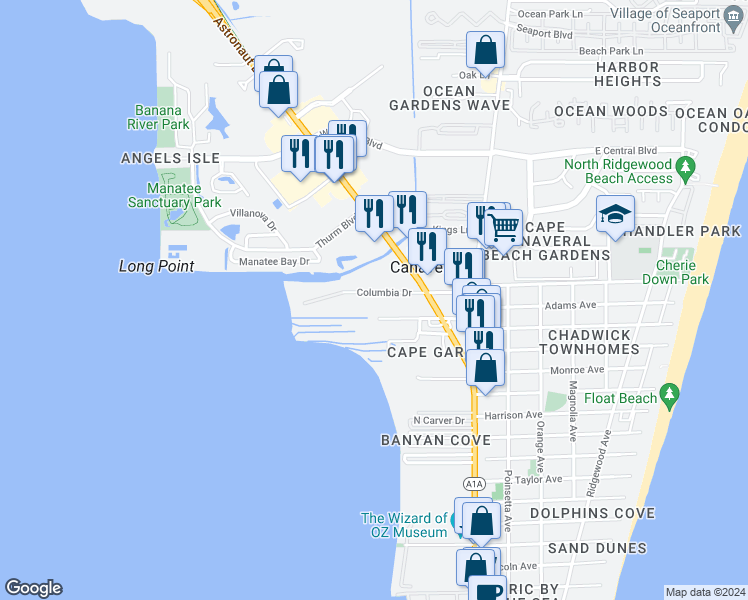 map of restaurants, bars, coffee shops, grocery stores, and more near 228 Long Point Road in Cape Canaveral