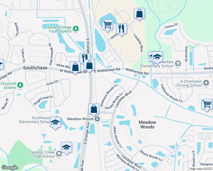 map of restaurants, bars, coffee shops, grocery stores, and more near 12136 Sand Pebble Way in Orlando