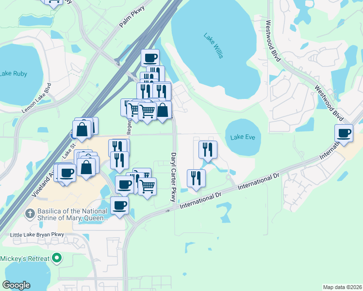 map of restaurants, bars, coffee shops, grocery stores, and more near 12527 Fenton Street in Orlando
