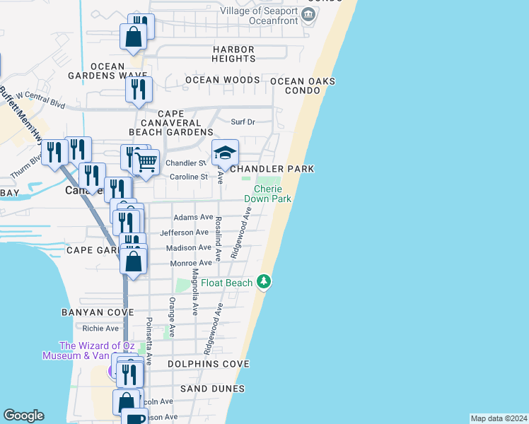map of restaurants, bars, coffee shops, grocery stores, and more near 632 Adams Avenue in Cape Canaveral