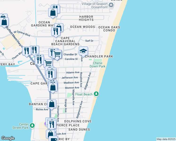 map of restaurants, bars, coffee shops, grocery stores, and more near 8154 Ridgewood Avenue in Cape Canaveral