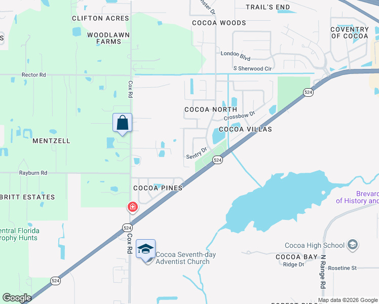 map of restaurants, bars, coffee shops, grocery stores, and more near 2207 Spring Circle in Cocoa