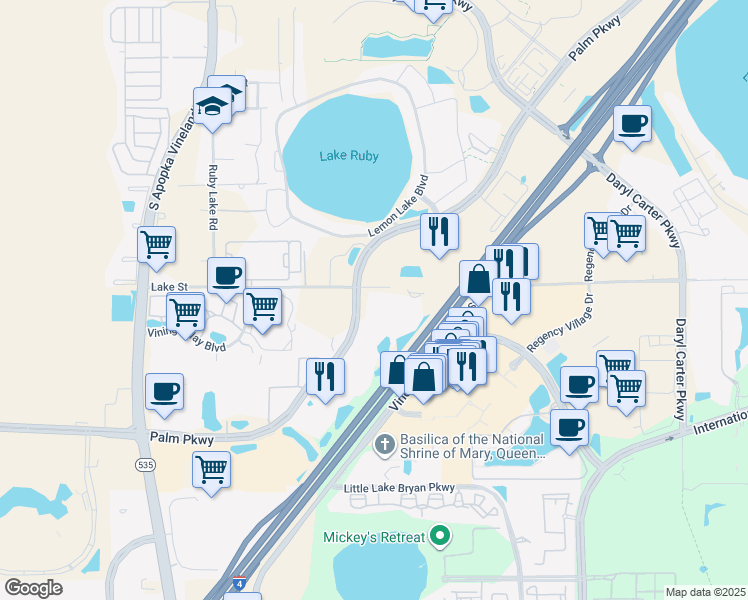 map of restaurants, bars, coffee shops, grocery stores, and more near 8100 Palm Parkway in Orlando