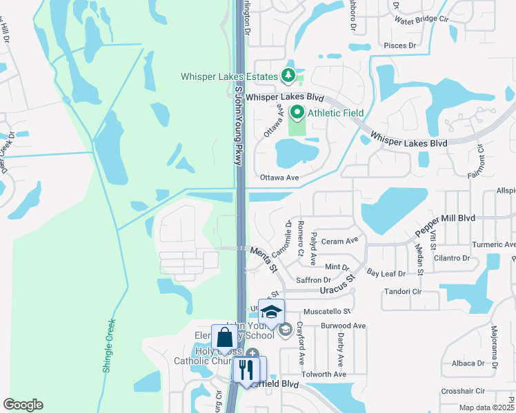 map of restaurants, bars, coffee shops, grocery stores, and more near 12010 Saffron Court in Orlando