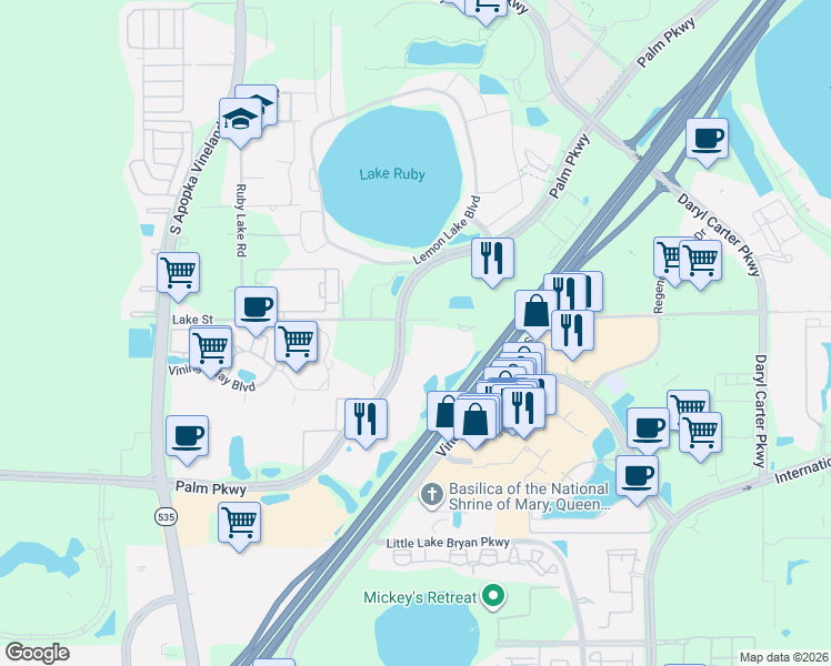 map of restaurants, bars, coffee shops, grocery stores, and more near 8100 Palm Parkway in Orlando