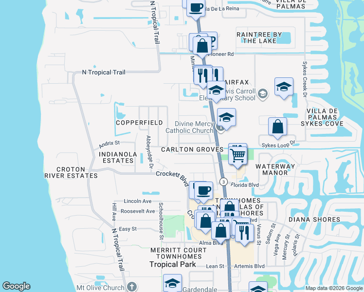 map of restaurants, bars, coffee shops, grocery stores, and more near 330 Cherry Avenue in Merritt Island