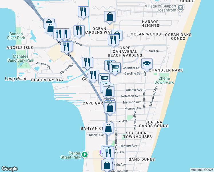 map of restaurants, bars, coffee shops, grocery stores, and more near 8200 North Atlantic Avenue in Cape Canaveral