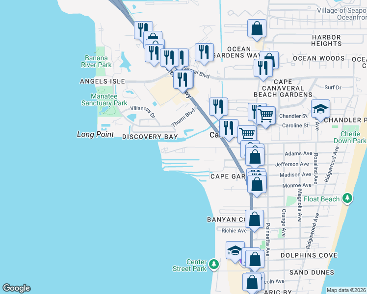 map of restaurants, bars, coffee shops, grocery stores, and more near 8985 Columbia Drive in Cape Canaveral