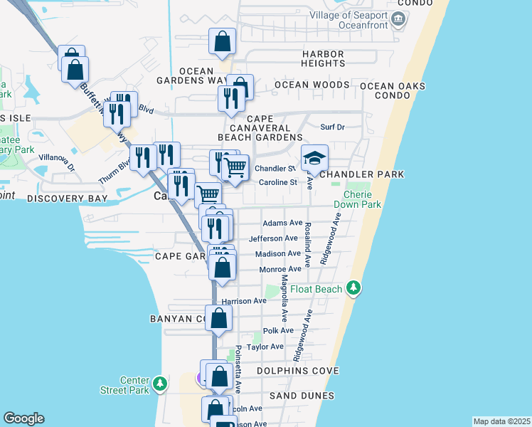 map of restaurants, bars, coffee shops, grocery stores, and more near 8200 Orange Avenue in Cape Canaveral