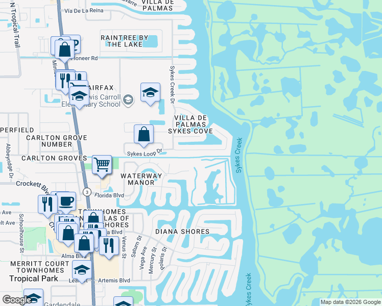 map of restaurants, bars, coffee shops, grocery stores, and more near 2013 Sykes Creek Drive in Merritt Island