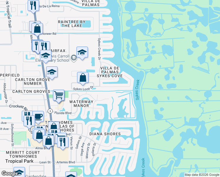 map of restaurants, bars, coffee shops, grocery stores, and more near 2025 Sykes Creek Drive in Merritt Island