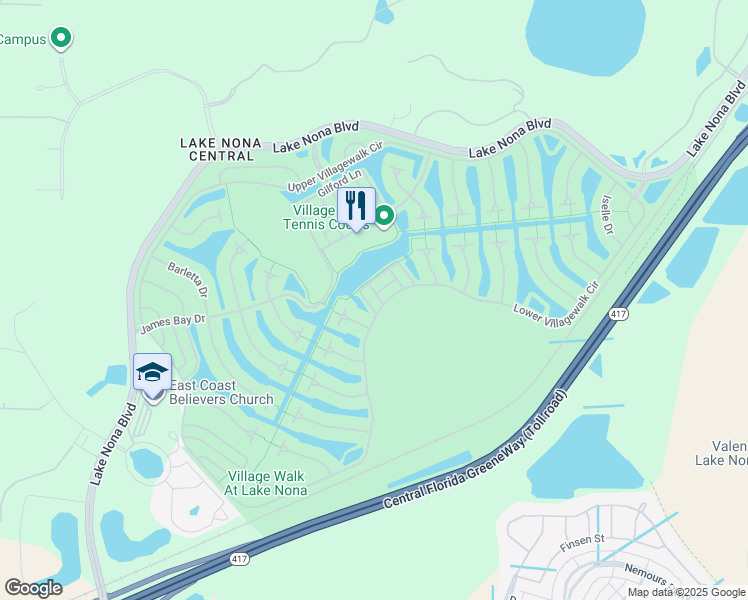 map of restaurants, bars, coffee shops, grocery stores, and more near 8448 Lower Villagewalk Circle in Orlando