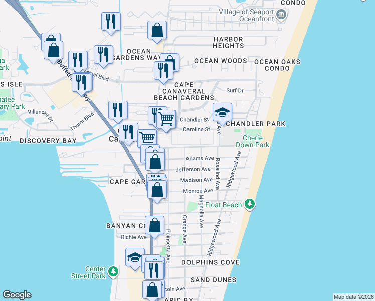 map of restaurants, bars, coffee shops, grocery stores, and more near 8210 Orange Avenue in Cape Canaveral