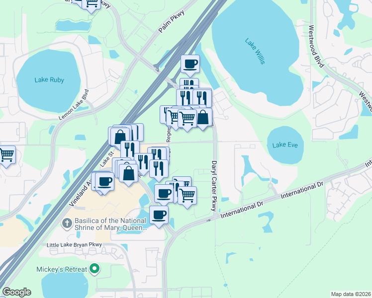 map of restaurants, bars, coffee shops, grocery stores, and more near 7511 Solstice Circle in Orlando