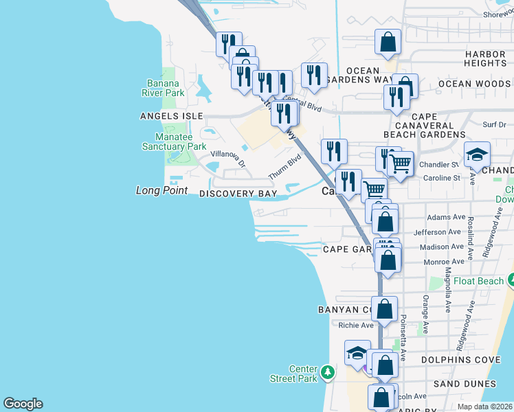 map of restaurants, bars, coffee shops, grocery stores, and more near 300 Columbia Drive in Cape Canaveral
