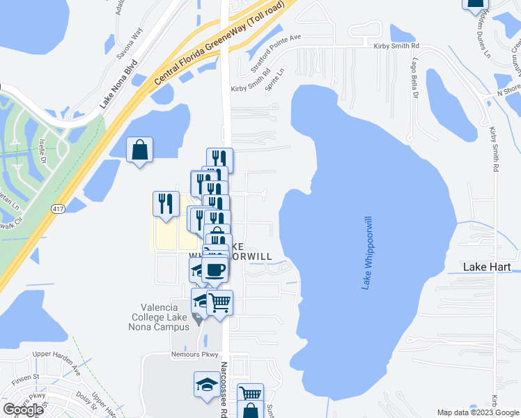 map of restaurants, bars, coffee shops, grocery stores, and more near 10074 Dock Drive in Orlando