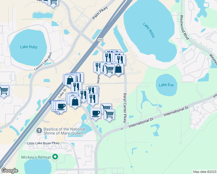 map of restaurants, bars, coffee shops, grocery stores, and more near 7510 Lake Street in Orlando