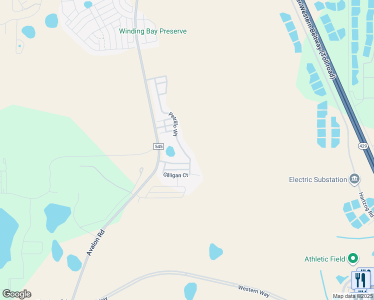 map of restaurants, bars, coffee shops, grocery stores, and more near 10756 Petrillo Way in Winter Garden