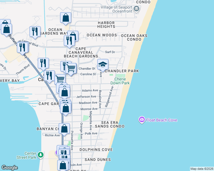 map of restaurants, bars, coffee shops, grocery stores, and more near 525 Washington Avenue in Cape Canaveral