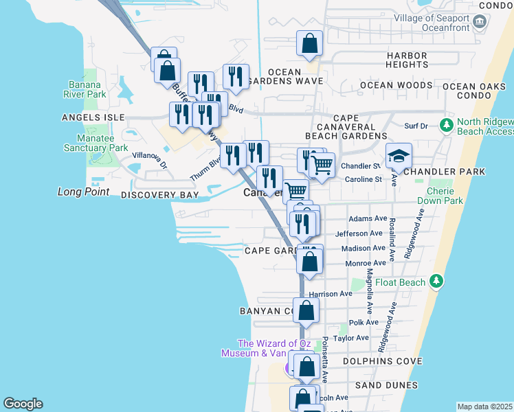 map of restaurants, bars, coffee shops, grocery stores, and more near 121 Columbia Drive in Cape Canaveral