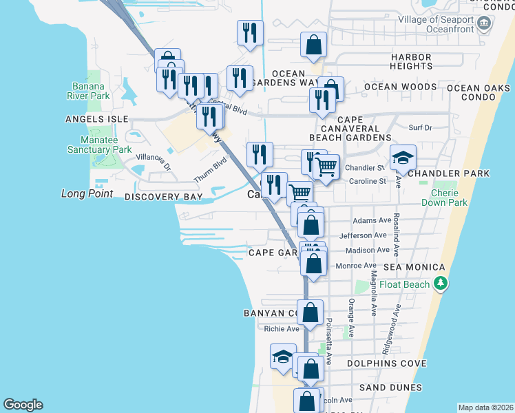 map of restaurants, bars, coffee shops, grocery stores, and more near 121 Columbia Drive in Cape Canaveral