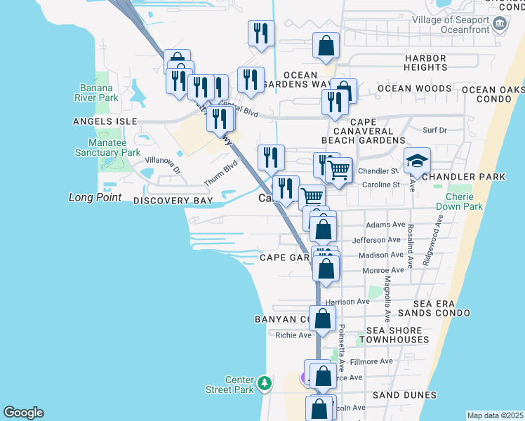 map of restaurants, bars, coffee shops, grocery stores, and more near 121 Columbia Drive in Cape Canaveral