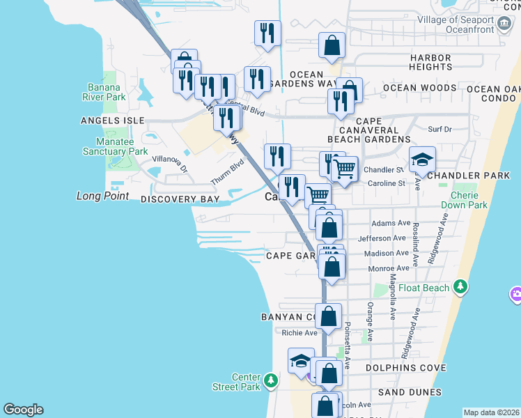 map of restaurants, bars, coffee shops, grocery stores, and more near 220 Columbia Drive in Cape Canaveral