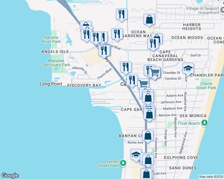 map of restaurants, bars, coffee shops, grocery stores, and more near 230 Columbia Drive in Cape Canaveral