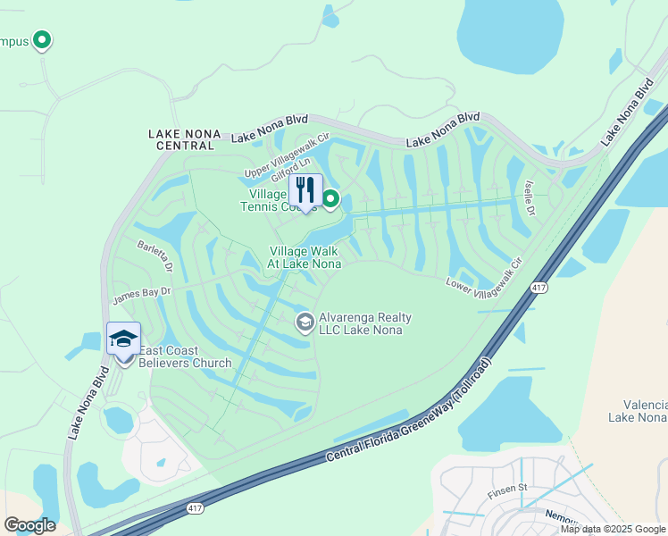 map of restaurants, bars, coffee shops, grocery stores, and more near 8639 Lower Villagewalk Circle in Orlando