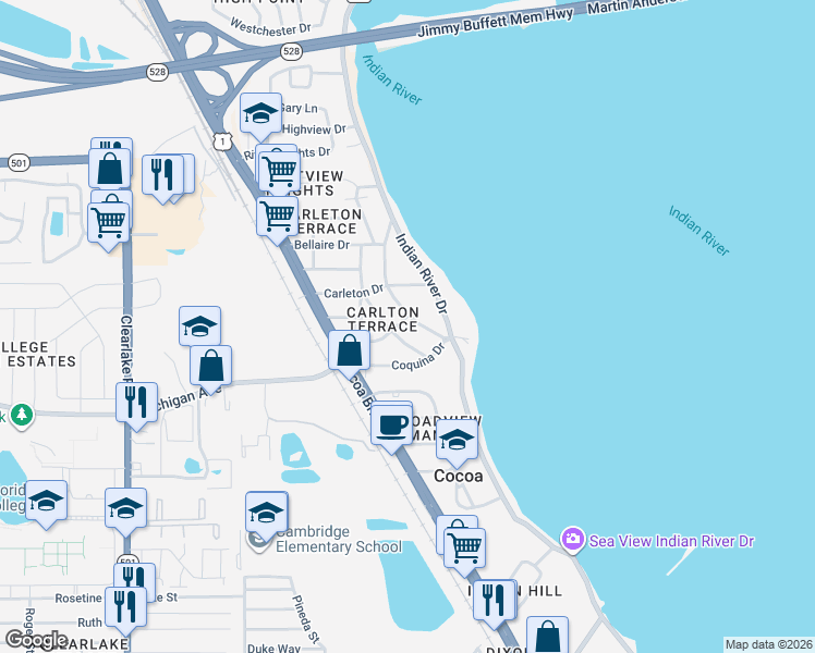 map of restaurants, bars, coffee shops, grocery stores, and more near 2130 Macfarland Drive in Cocoa