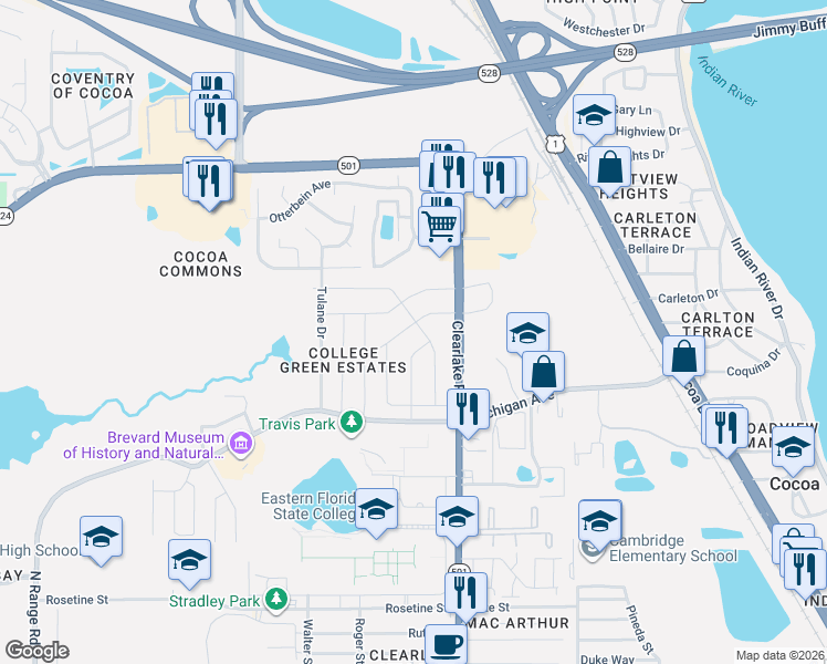 map of restaurants, bars, coffee shops, grocery stores, and more near 1627 Calvados Drive in Cocoa