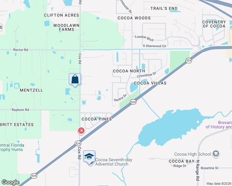 map of restaurants, bars, coffee shops, grocery stores, and more near 2221 Spring Circle in Cocoa