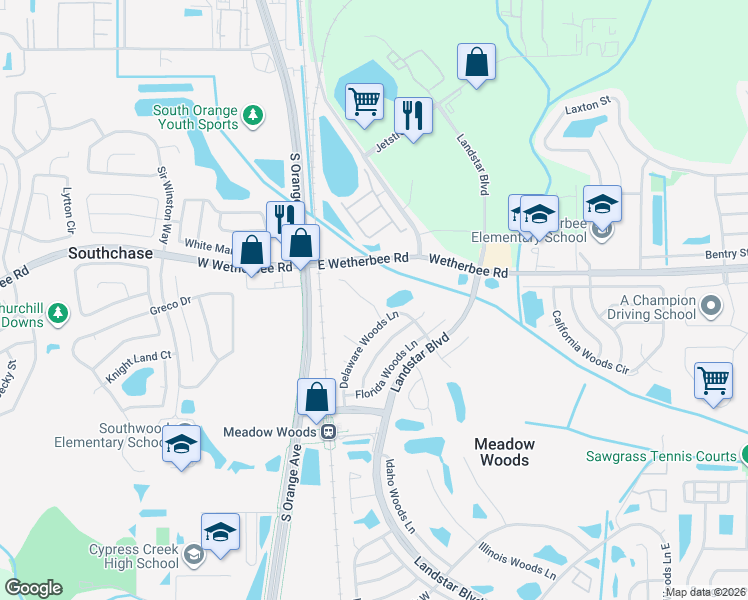 map of restaurants, bars, coffee shops, grocery stores, and more near 187 Creekside Way in Orlando