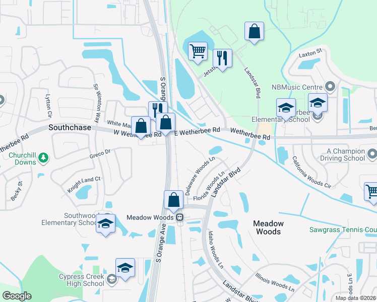 map of restaurants, bars, coffee shops, grocery stores, and more near 132 Creekside Way in Orlando