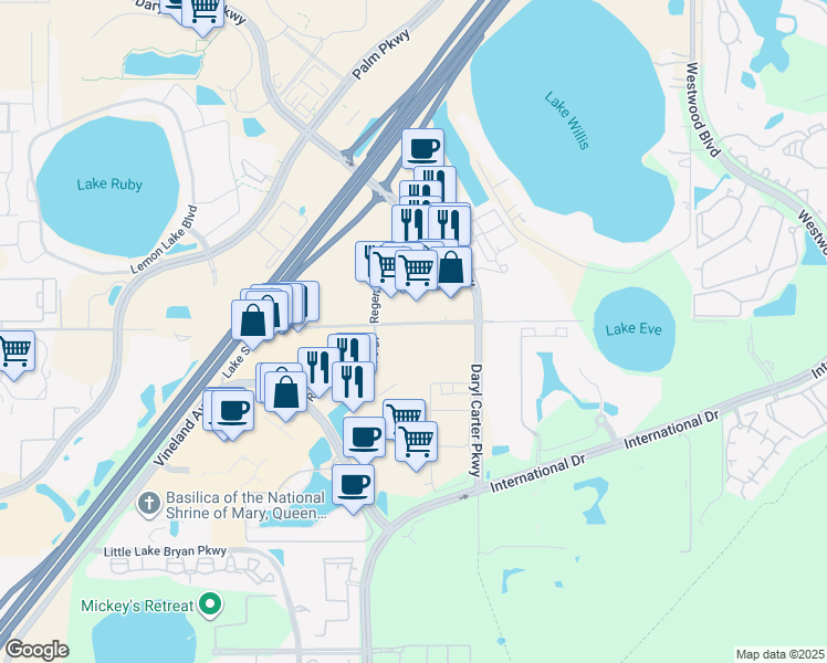map of restaurants, bars, coffee shops, grocery stores, and more near 7655 Lake Street in Orlando