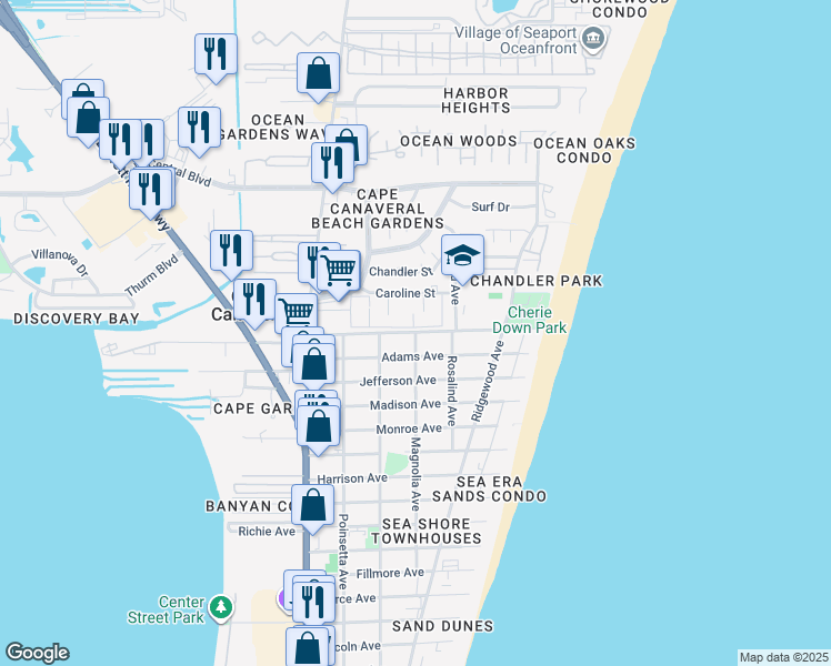 map of restaurants, bars, coffee shops, grocery stores, and more near 8298 Magnolia Avenue in Cape Canaveral