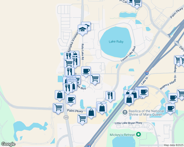 map of restaurants, bars, coffee shops, grocery stores, and more near 11910 Oak Street in Orlando